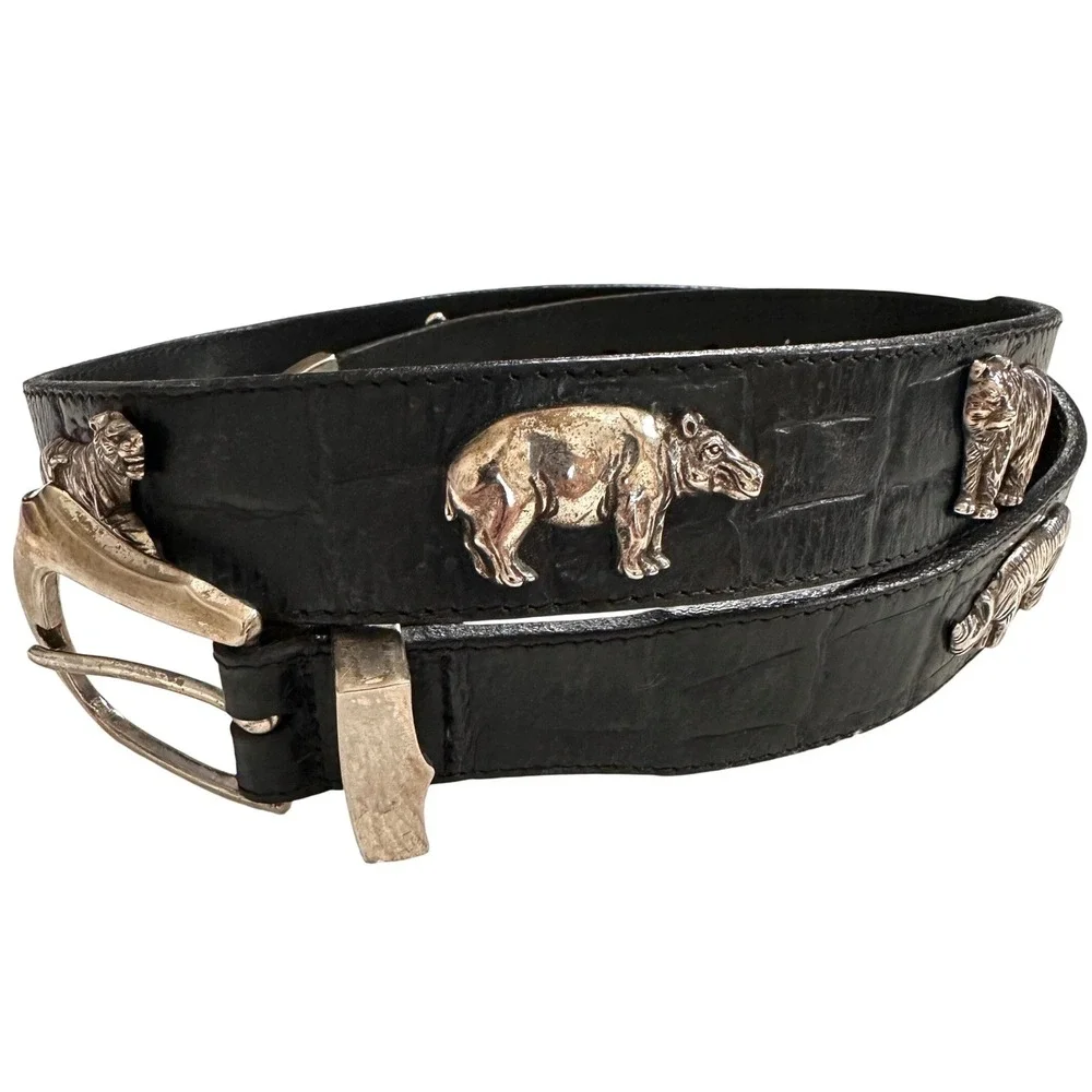 VTG 90s Honest Safari Animal Concho Leather Belt Black Croc Embossed Silver 32